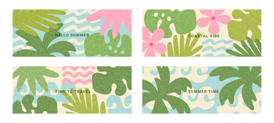 Fototapeta premium Summer abstract horizontal background, cover, banner, card set. Modern poster with hand drawn tropical leaves, wave, flowers. Vacation time, travel, beach concept. Trendy minimalist illustration.