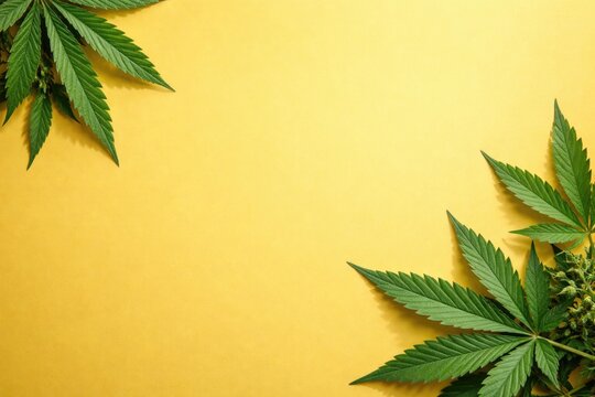 Yellow smooth surface with green hemp plant accents and copy space