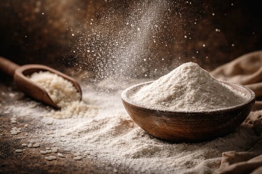 Textured culinary background with floating fine rice powder particles for food photography