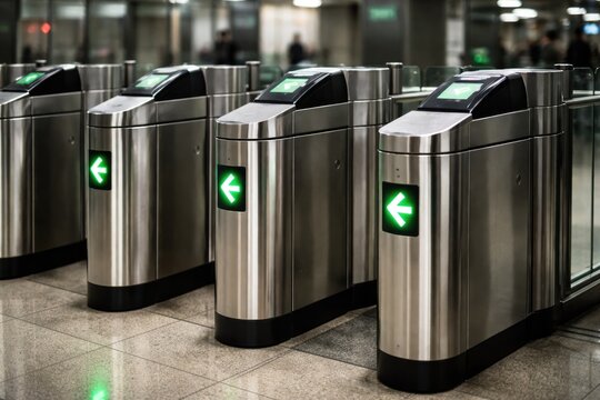 Focused image of bright turnstiles with green directional arrows at a subway gate area featuring access control and passenger protection
