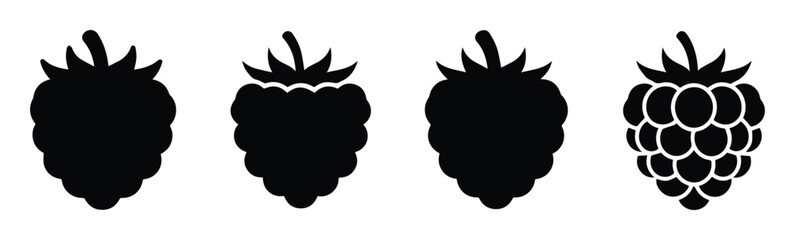 Black raspberry silhouette icons set, 4 vector berry fruit shapes, minimalist blackberry and raspberry symbols for food packaging and logo design © Hinaa
