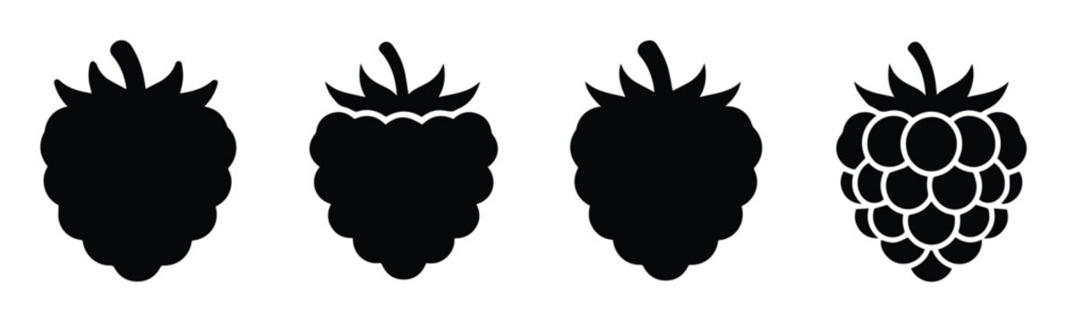 Black raspberry silhouette icons set, 4 vector berry fruit shapes, minimalist blackberry and raspberry symbols for food packaging and logo design