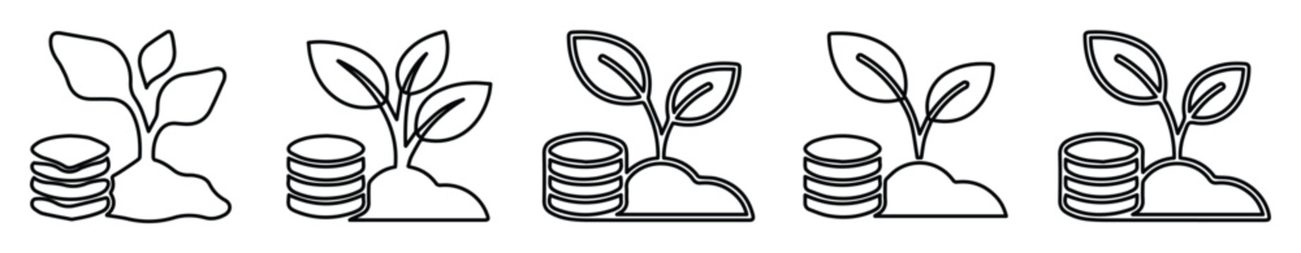 Sustainable investment line icons, set of 5 plant and coin stack vector symbols, financial growth and green economy concept illustrations