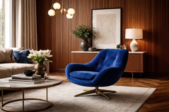 Elegant mid century interior with a cobalt blue chair and vertical wood paneling accents