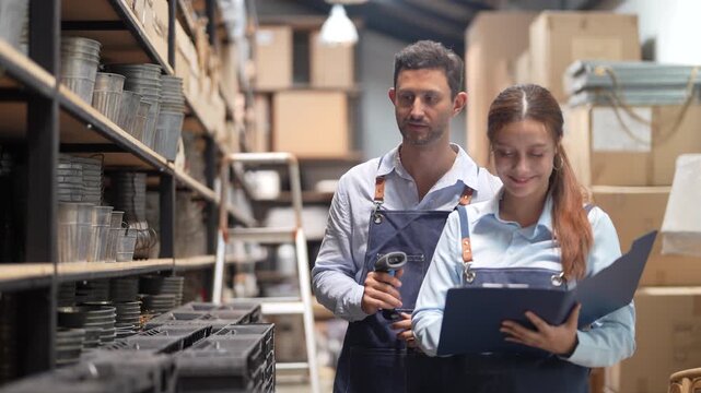 Warehouse workers man and woman checking inventory, Manager with clipboard and staff holding barcode scanner doing stocktaking, E-commerce fulfillment supply chain and logistics management business