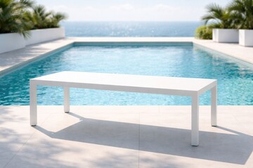Fototapeta premium Modern white table with clean lines beside a bright blue pool perfect for serene product display
