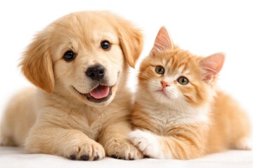 Fototapeta premium Playful cat and dog duo gazing softly on a bright white background