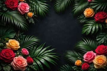 Fototapeta premium Tropical palm leaves paired with vibrant roses on a dark background offering copy space for design or text