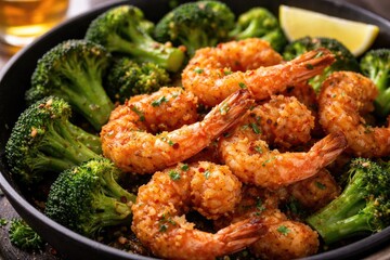 Fototapeta premium Tasty fried shrimp dish garnished with green broccoli