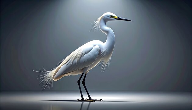 A graceful white egret stands elegantly on a reflective surface, illuminated by a spotlight against a muted gray background, suggesting nature and wildlife.
