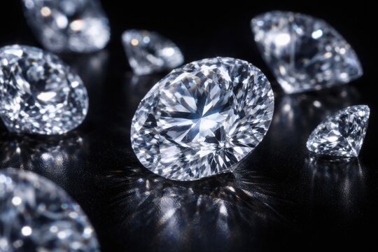 Zoomed in photo of lab produced diamonds lying on solid black background