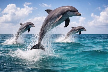 Fototapeta premium Dolphins displaying impressive acrobatics as they leap out of turquoise ocean