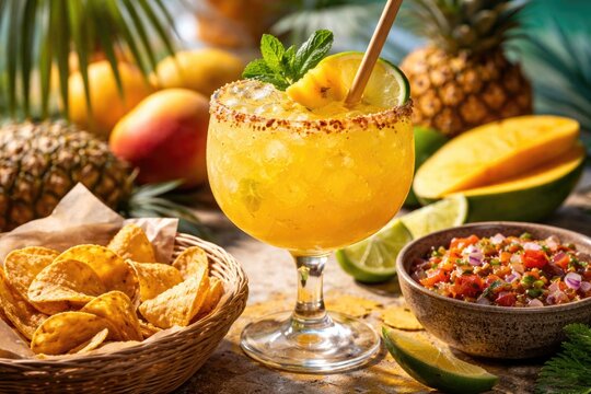 Tropical pineapple mango margarita paired with crisp chips and flavorful salsa for summer