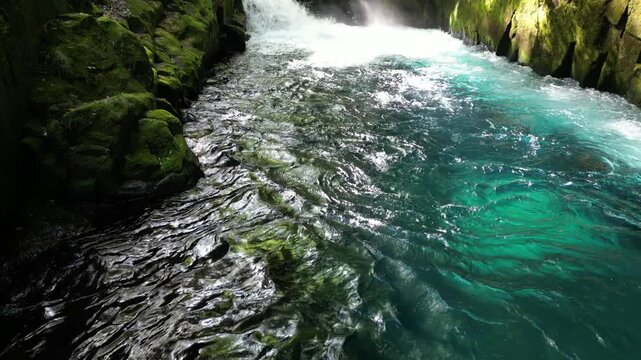 Reimei Waterfall, Kikuchi Gorge Japan | Fresh Green Forest, Clear Waterfall and Scenic Gorge Aerial Drone Background