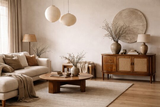 Stylish living room design with Japandi decor and classic retro commode