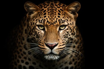 Fototapeta premium Powerful close up of a wild large leopard with sharp eyes on black backdrop