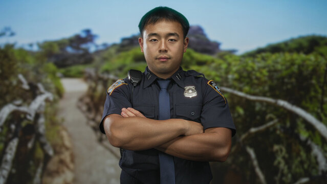 Young chinese man crosses arms showing bare forearms and police badge at leafy forest walkway; duty confidence.