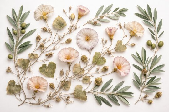 Pressed and dried bindweed floral elements with olive foliage on white for botanical design use
