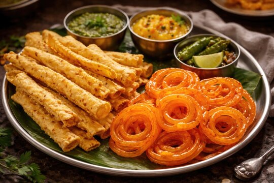 Savory and sweet Gujarati snack pairing of fafda and jalebi on a platter