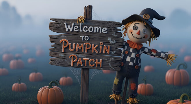 Rustic wooden pumpkin patch sign with a cute scarecrow character