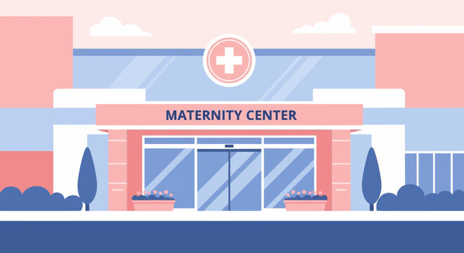 Modern Maternity Center Building Facade with Entrance and Signage