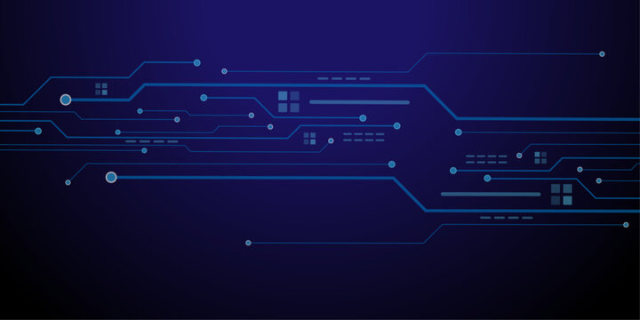 Abstract blue circuit board lines and nodes on dark blue gradient background