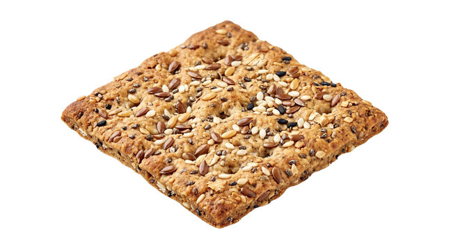 Whole grain cracker with seeds and cereals, crunchy multi-seed crispbread snack, healthy organic fiber cracker for diet and nutrition isolated on Transparent Background