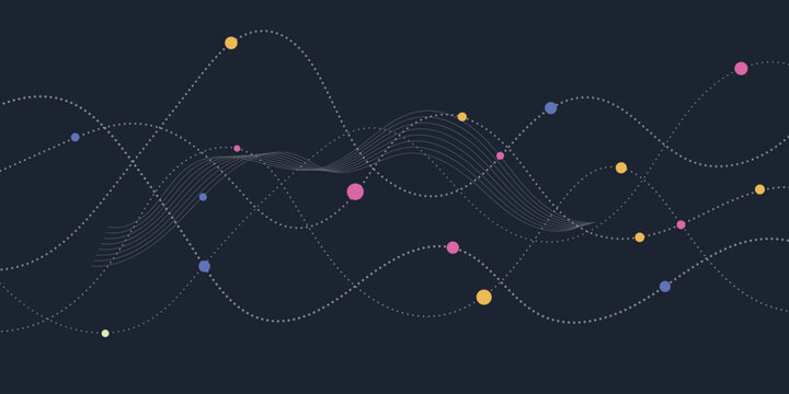 Abstract technology wave background with dotted lines and nodes. Isolated vector illustration of futuristic data flow network with colorful particles and curved paths on dark background.