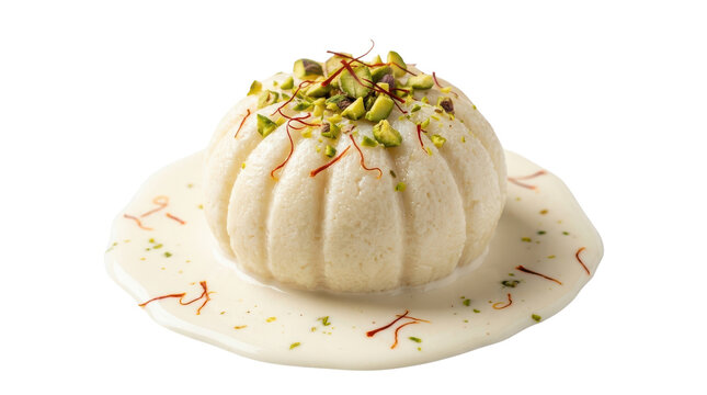 Traditional Ras Malai Indian dessert, creamy cottage cheese dumpling with saffron and pistachios, authentic South Asian sweet in milk sauce isolated on Transparent Background
