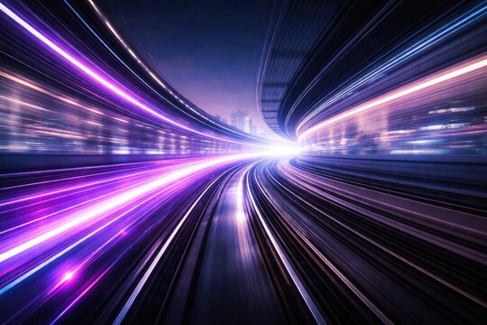 Dynamic long exposure image of railway transit with purple light trails and room for text