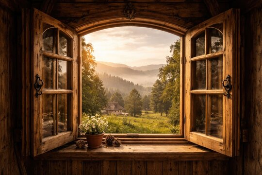 Open large wooden window featuring rustic handcrafted details