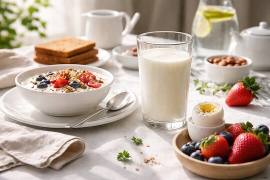 White table setting with a glass of milk highlighting clean healthy breakfast and organic dietary symbolism