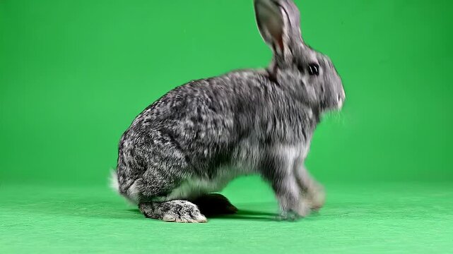 A rabbit runs across green screen studio