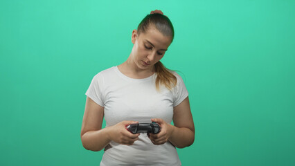Woman holding gamepad with hands, playing controller and tilting head in studio  concentration leisure. © Krakenimages.com