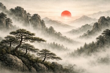 Obraz premium Traditional u sin style ink drawing showing foggy pines and a red sun over mountain