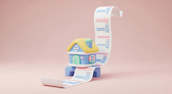 3d illustration of house with long receipt representing household bills expenses budgeting and home finance management concept