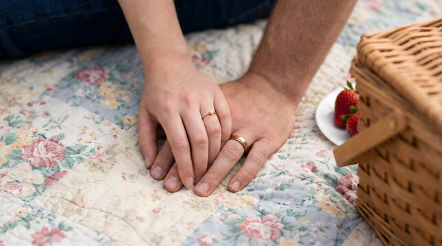 Close up of married couple holding hands with gold rings on floral quilt blanket, romantic summer picnic with strawberries and wicker basket