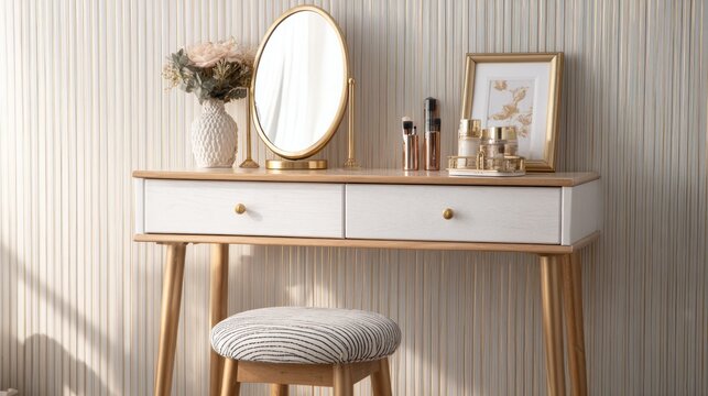 Elegant vanity table with mirror and accessories against a textured wall