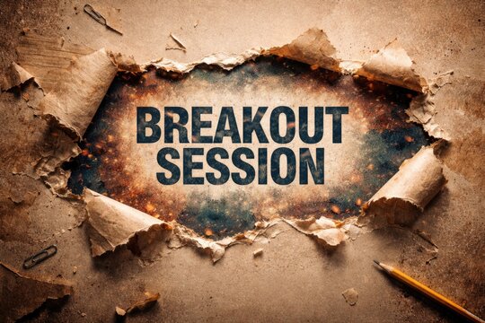 Tattered paper unveiling breakout session text on dynamic background with copy space included
