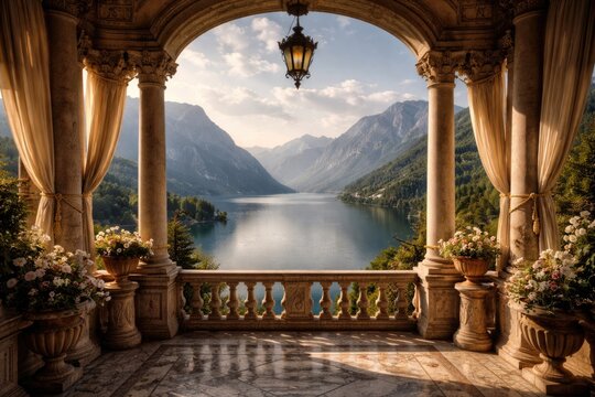 Scenic overlook from ancient balcony presenting tranquil lake and mountain vista with elaborate architectural details
