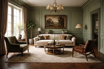 Fototapeta premium Rendered illustration of a green toned room with classic wooden floor and paneled walls