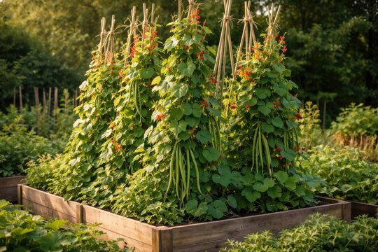 Vibrant organic runner beans climbing tall bamboo stakes in a raised vegetable garden