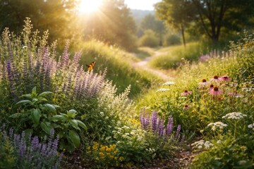 Obraz premium Sunny landscapes abundant with flourishing wild herb clusters