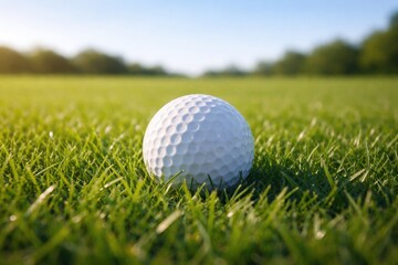 Obraz premium White golf ball resting on thick verdant lawn under clear sky