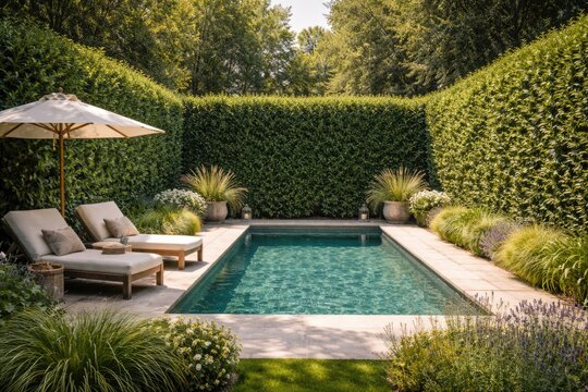 Garden pool enclosed by tall cherry laurel hedge for peaceful private space