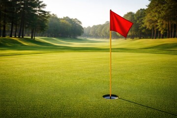 Obraz premium Bright red flag signaling golf hole on pristine green fairway
