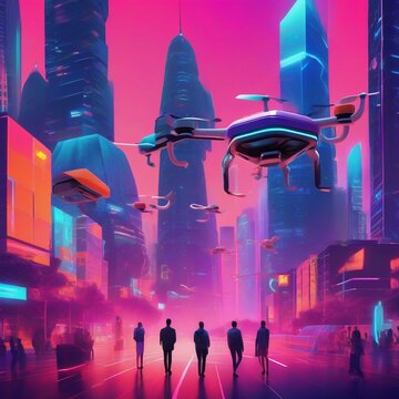Futuristic Cityscape with Autonomous Drone Delivery System and Skyscrapers on Urban Background