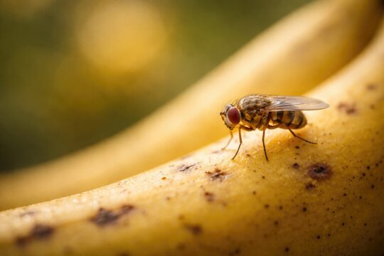 Photo featuring fruit fly Drosophila on a banana with selective focus and empty copy space