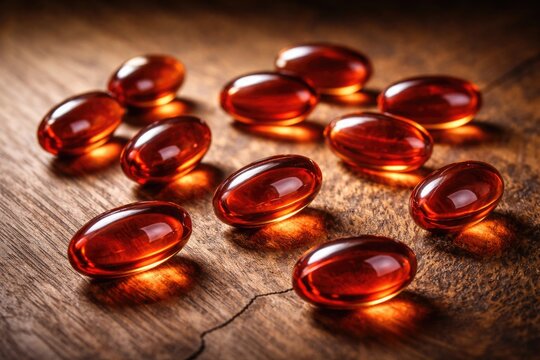 High resolution image of krill oil softgels placed on natural wood grain