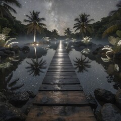 Obraz premium A cinematic starlit wooden pathway stretching through a serene tropical landscape, illuminated by softly glowing palm trees and bioluminescent tropical plants. The pathway hovers slightly above still,